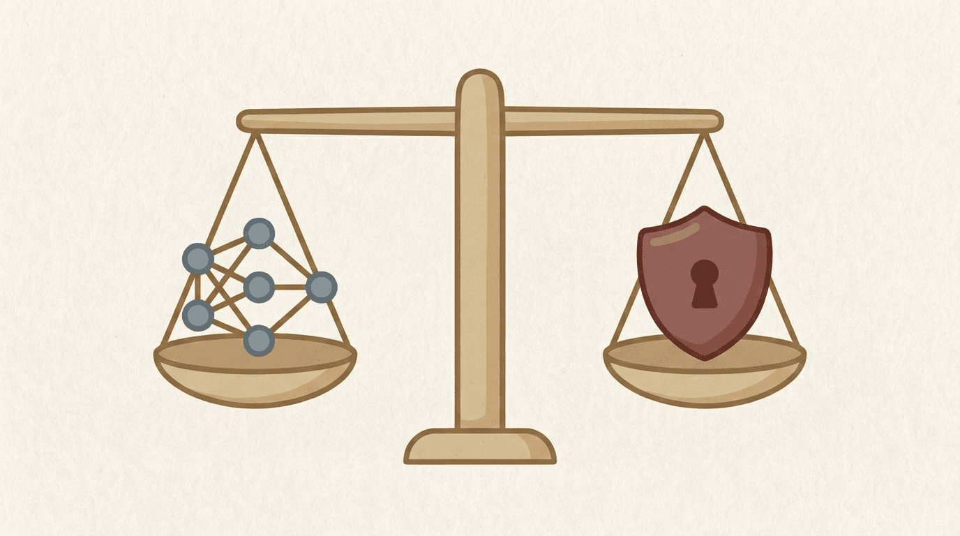情報の活用と安全性のバランスを表す天秤のイラスト